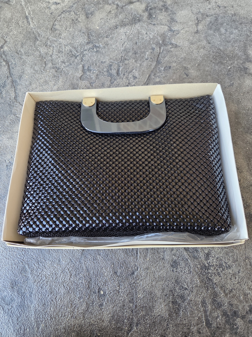 Vintage Stylecraft Black Mesh Handbag with Gold Accents & Abalone Lucite Handles